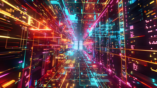 vibrant server room visual showcasing technology nodes and data flow. generative ai - Powered by Adobe