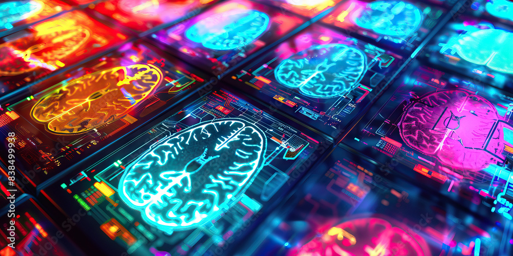 Wall mural the synaptic symphony: a colorful array of brain scans, displayed on a futuristic screen.