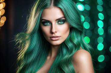 elegant photo model with full, colored hair and professional makeup shows off her flawless looks