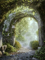 Spectacular archway covered with vine in the middle of fantasy fairy tale forest landscape, misty on spring time. Digital art 3D illustration. hyper realistic 