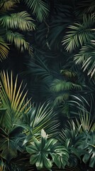 Beautiful nature background of vertical garden with tropical green leaf. Mural wallpaper. AI generated illustration