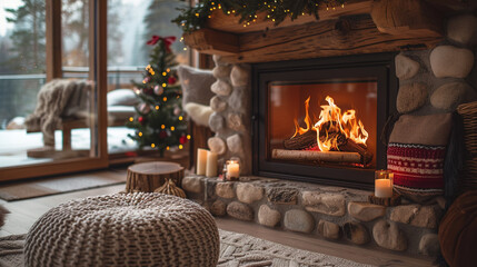 fireplace decorated for christmas, tree, lights and presents, holiday time concept