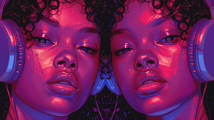two girls pop art style with headphones, twins, dj music concept