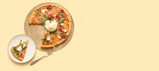 Tasty pizza with Burrata cheese on beige background with space for text, top view