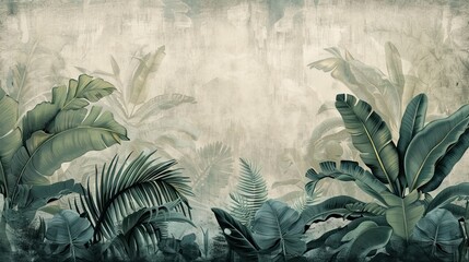 Tropical vintage botanical landscape illustration, palm tree, vegetable flower border background. Mural wallpaper. AI generated illustration
