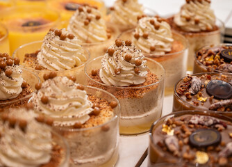 Various sweet cakes meringue, walnuts and berries framboise tartlets with cream