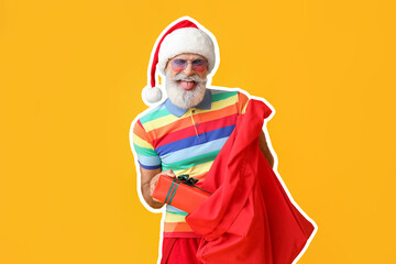 Cool Santa Claus with bag on color background