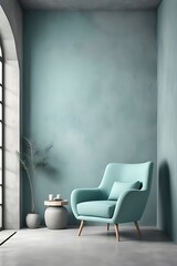 Living room with teal turquoise armchair, grey plaster wall, minimal style 2024

