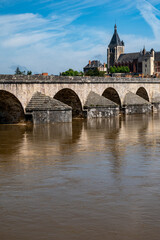 Fototapeta premium View.on old part of town of Gien on the Loire river, in Loiret department, France, houses with tiled roofs and chimneys, castle and bridge