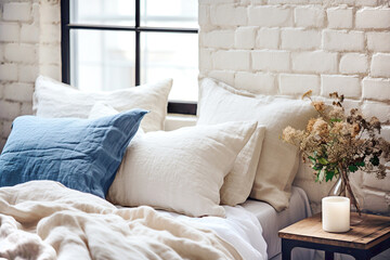 Close up of bed with blue and white pillows and blanket near window and brick wall. Loft interior design of modern bedroom.