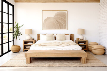 Boho farmhouse interior design of modern bedroom.