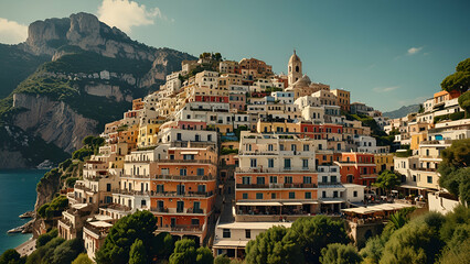 Naklejka premium Positano, an iconic Italian resort, shines in the summer sun with its vintage charm and stunning coastal views.