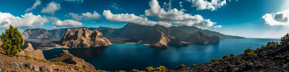 Obraz premium Panoramic Scenic View of the Sea Coast From a Mountaintop on a Sunny Day. Generative AI