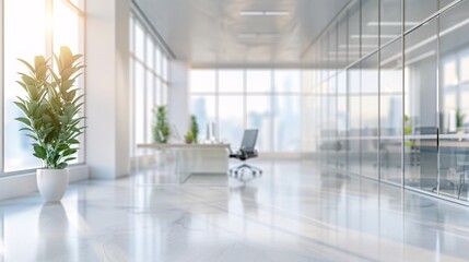 Fototapeta premium Beautiful blurred background of a light modern office interior with panoramic windows and beautiful lighting.