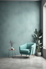 Living room with teal turquoise armchair, grey plaster wall, minimal style 2024

