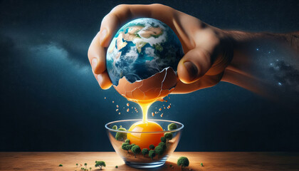 Hand holding cracked Earth egg over bowl - A creative composite image depicting a hand holding a cracked planet Earth egg above a bowl with a yolk dropping, symbolizing environmental impact - Powered by Adobe