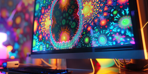 Fluorescent Fractals: A desktop computer, with a monitor displaying psychedelic geometric shapes.