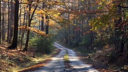 Fototapeta premium Back Road in Autumnn North Carolina: Rural Country Scene with Streaming Sunlight