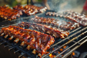 Barbecue Ribs Grill. Spare Ribs Cooking on Charcoal Grill for Summer Picnic
