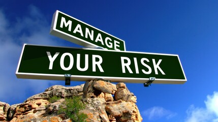 Manage Your Risk. Risk Management. A green street sign with white letters reads Manage Your Risk against a blue sky and rocky terrain