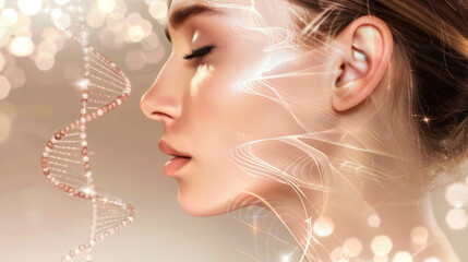 Portrait of a young woman on a pastel background with DNA threads and sparkles around. Natural beauty. Beautiful model posing outdoors. Concept of healthy skin, beauty, care. Side view.