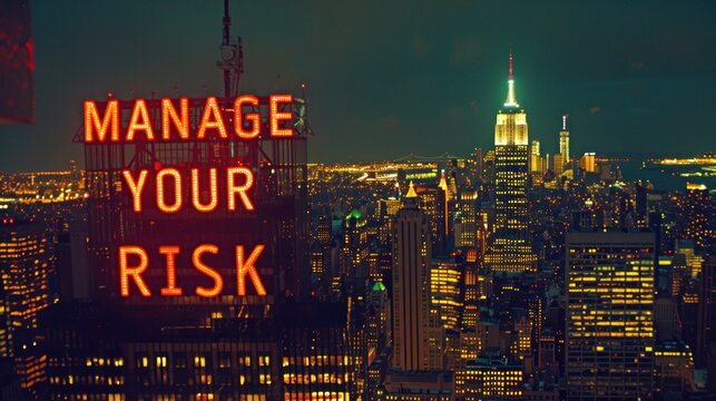 Manage Your Risk. Risk Management. A nighttime view of City with a bright neon sign reading Manage Your Risk - Powered by Adobe