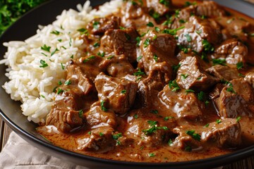 Beef And Rice. Tasty Beef Stroganoff with Savory Gravy, Pepper, and Authentic Czech Cuisine Flavors