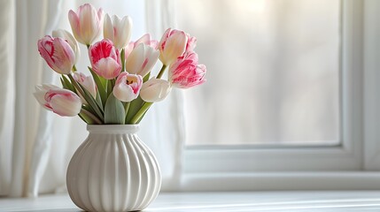 Mixed Pink and White Tulips in White Vase Tulips in White Vase, Minimalist Floral Arrangement, Fresh Spring Blossoms, Home Decor, Copyspace for Text, Elegant Flower Display