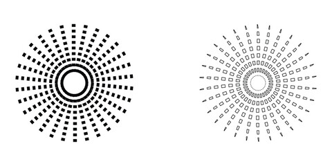 Dot radial circle lines. Sun star rays symbol. Abstract halftone striped design element. Motion lines. Vector illustration. Eps file 184.
