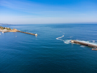 Aerial view on Ciboure and Saint Jean de Luz bay, port, sandy beach on Basque coast, beautiful architecture, nature and cuisine, South of France, Basque Country