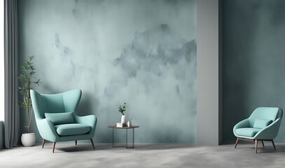 Living room with teal turquoise armchair, grey plaster wall, minimal style 2024

