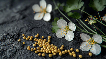 Obraz premium Coriander seeds. with coriander flowers. photography. Stock image, HD quality 