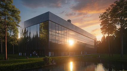 Obraz premium modern corporate building or public building with a swimming pool and fountain, design of a large public building, 