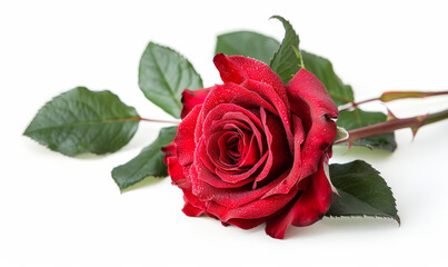 Naklejka premium Vibrant Red Rose with Dew on White Background, Symbolizing Love and Romance, Perfect for Valentine's Day and Weddings, Close-Up Shot