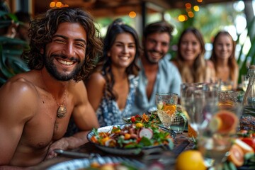 Group of happy friends sharing a meal and drinks at an outdoor tropical restaurant