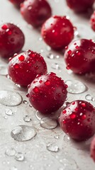 Close Up of Shiny Red Cherries Covered in Water Droplets. Generative AI