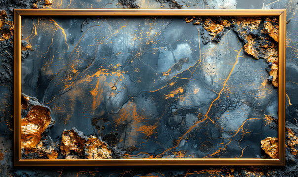 Luxurious Golden Frame on Blue and Orange Marble Background with Rich Textural Contrast, High-End Decorative Art Display, Abstract Elegance for Modern Interior Design Concepts