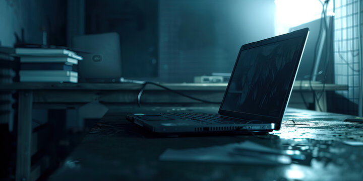 Digital Desolation: A dark, empty room, with a single old laptop on a desk