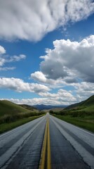 Naklejka premium Empty Country Road Leading Through Rolling Green Hills On A Sunny Day. Generative AI