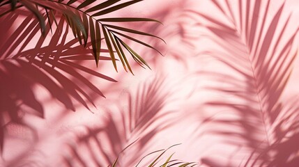 Blurred shadow from palm leaves on the light pink wall. Minimal abstract background for product presentation. Spring and summer.