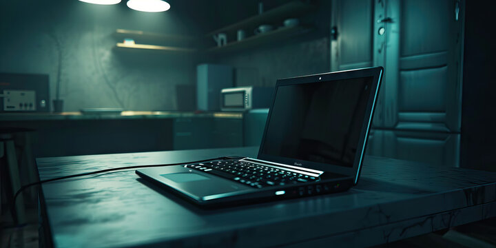 Digital Desolation: A dark, empty room, with a single old laptop on a desk