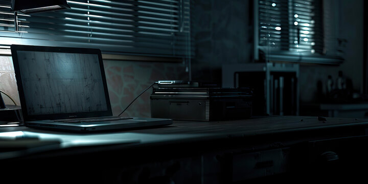 Digital Desolation: A dark, empty room, with a single old laptop on a desk