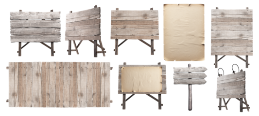 Collection of old wooden signs and posters