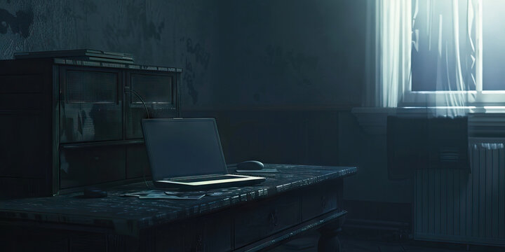 Digital Desolation: A dark, empty room, with a single old laptop on a desk