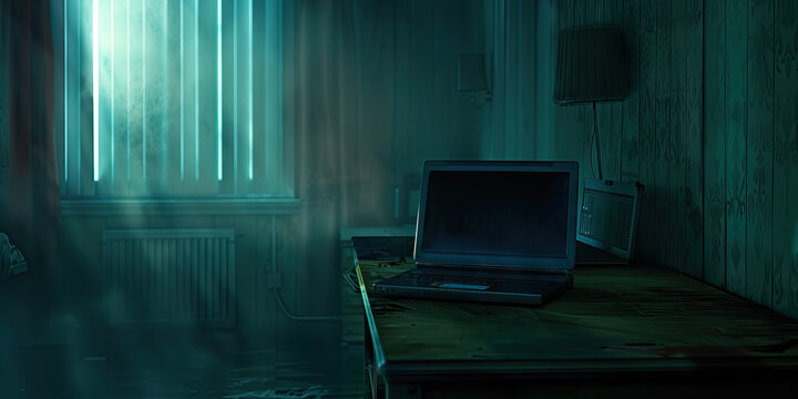 Digital Desolation: A dark, empty room, with a single old laptop on a desk