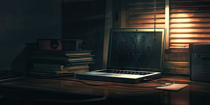 Digital Desolation: A dark, empty room, with a single old laptop on a desk