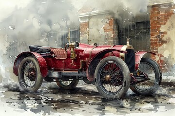 A classic vintage red car is standing with steam coming out, set against an old brick building backdrop