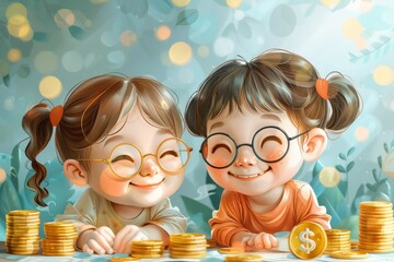 Two children illustrated from behind, learning about saving money and financial planning