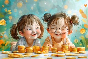 Two cute animated children enjoy counting their savings in a magical and sparkly atmosphere