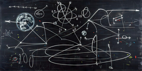 Naklejka premium Gravitational Graffiti: A blackboard, covered in illegible scribbles and arrows